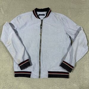 Zara Man Bomber Jacket Men Large Blue Full Zip Varsity Style Lightweight Cotton